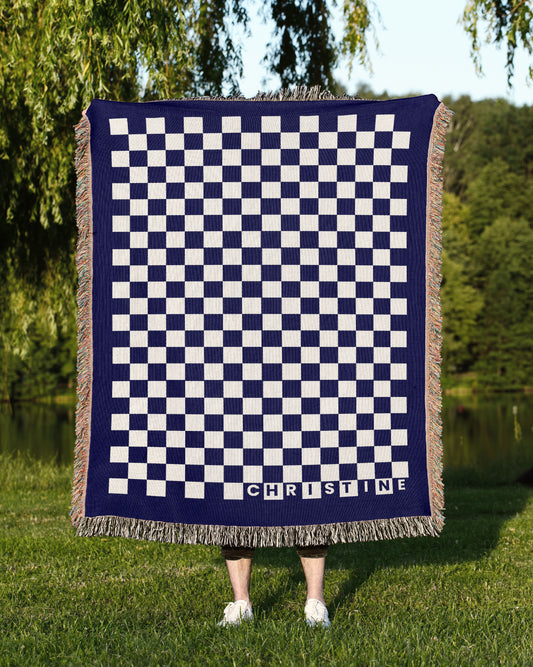 Personalized Blue Classic Check Woven Blanket